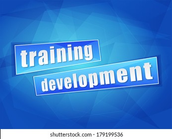 training development over blue background, flat design, business education concept words, vector