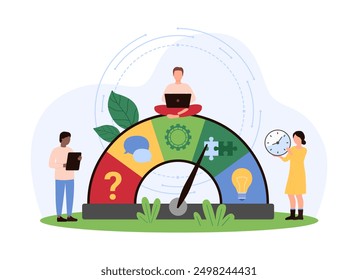 Training and development of soft skills, improvement of potential competences, boost for leadership and teamwork. Tiny people measure persons ability on speedometer cartoon vector illustration