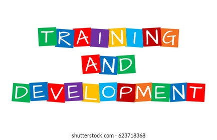 training and development, text in colorful rotated squares
