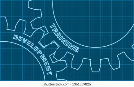 Training and Development text on the Mechanism of Gears. Communication Concept in Industrial Design. Modern brochure design template. Retro tileable measure technical draft.