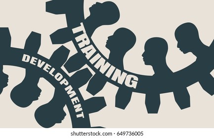 Training and Development text on the Mechanism of Gears. Communication Concept in Industrial Design. Modern brochure design template. Human head silhouettes