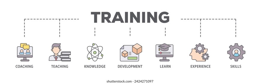 Training and development web banner icon vector illustration concept consists of trainer, professional development, supervisory, trainee, instructor, coaching icon live stroke and easy to edit