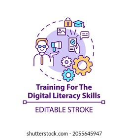 Training for the digital literacy skills concept icon. Navigating social media cyberspace. Digital inclusion idea thin line illustration. Vector isolated outline RGB color drawing. Editable stroke