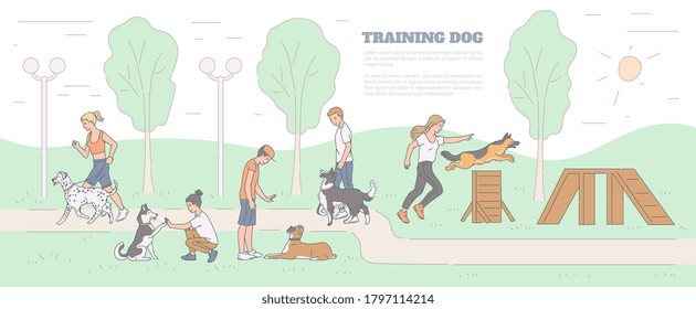 Training dog banner with pets and trainers characters on playground, sketch cartoon vector illustration. School for dogs obedience training and commands teaching.