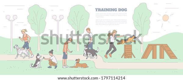 Training dog banner with pets and\
trainers characters on playground, sketch cartoon vector\
illustration. School for dogs obedience training and commands\
teaching.