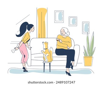 Training dog at home. Woman and grandmother give puppy command to give its paw. Owners spend time with their pet. Care abut domestic animal. Education and learning. Linear vector illustration