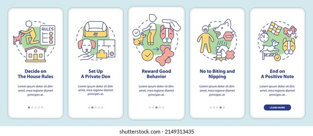 Training dog tips onboarding mobile app screen. Decide on house rules walkthrough 5 steps graphic instructions pages with linear concepts. UI, UX, GUI template. Myriad Pro-Bold, Regular fonts used