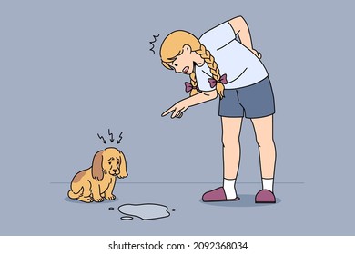 Training and dogs commands concept. Angry small girl standing and swearing little puppy with pee on floor feeling upset and guilty vector illustration 