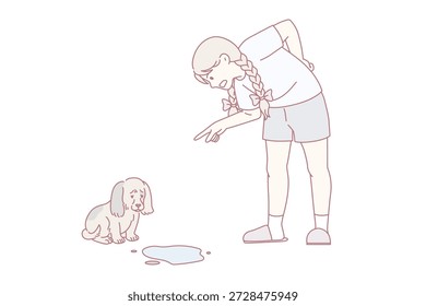 Conceito de comandos de treinamento e cães. Menina pequena irritada em pé e xingando cachorrinho com xixi no chão sentindo-se chateado e culpado ilustração vetorial