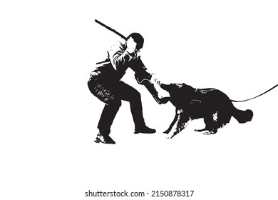 Training of dogs for patrol and guard service. A German dog is held down in a pasta bite sleeve. A man swings his arm over his head with a stick to strike. Side view. Vector illustration.