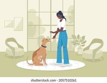 Training domestic animal flat color vector illustration. Owner teaching labrador tricks. Girl with puppy. Happy active woman 2D cartoon character with green residential interior on background