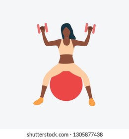 Training with dumb-bells on exercise ball flat icon. Girl, woman, sitting. Fitness concept. Can be used for topics like wellness, lifestyle, fitness club, gym