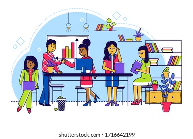Training education at class, line vector illustration. Man and woman character in office, lesson for development business work. Place with table, bookshelf, chart and electronic devices for study.