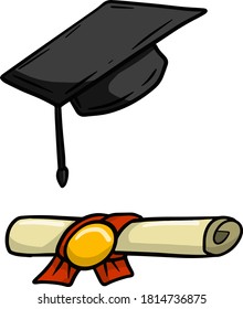 Formación y educación. Graduación en la escuela. El fin, por supuesto. gorra estudiantil. Diploma y certificado. Ilustración dibujada por dibujos animados