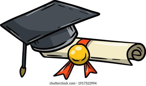 Training and education. Graduation at school. The end of course. Student cap. Diploma and certificate. Cartoon drawn illustration