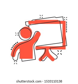 Training education icon in comic style. People seminar vector cartoon illustration pictogram. School classroom lesson business concept splash effect.