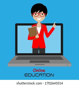 Training, education, online tutorial, e-learning concept. Laptop with  teacher. Flat vector illustration.