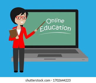 Formación, educación, tutoría en línea, concepto de e-learning. Portátil con profesor. Ilustración vectorial plana.