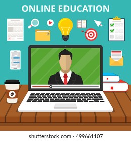 Training, education, online tutorial, e-learning concept. Laptop with video online training on the screen. Flat vector illustration.