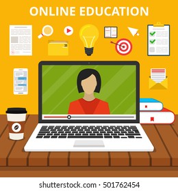 Training, education, online tutorial, e-learning concept. Laptop with video online training on the screen. Flat vector illustration.