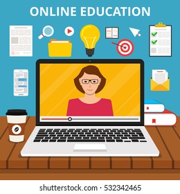 Training, education, online tutorial, e-learning concept. Laptop with video online training on the screen. Flat vector illustration.