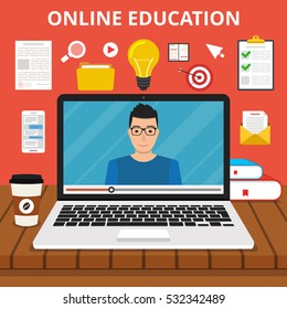 Training, education, online tutorial, e-learning concept. Laptop with video online training on the screen. Flat vector illustration.