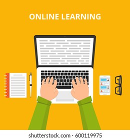 Training, education, online tutorial, e-learning concept. Laptop with information on the screen. Flat vector illustration.