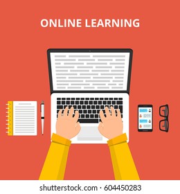 Training, education, online tutorial, e-learning concept. Laptop with information on the screen. Flat vector illustration.