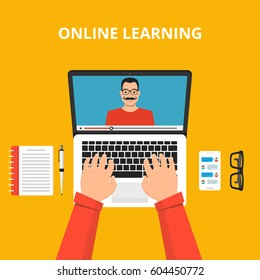 Training, education, online tutorial, e-learning concept. Laptop with video online training on the screen. Flat vector illustration.