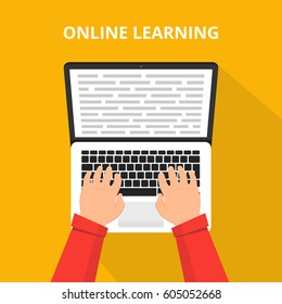 Training, education, online tutorial, e-learning concept. Laptop with information on the screen. Flat vector illustration.