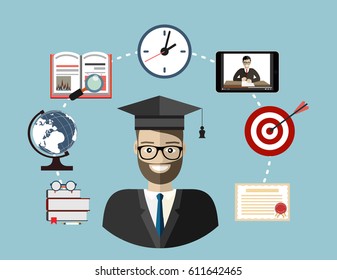Training, education, online tutorial, e-learning concept. Set icons. Flat vector illustration