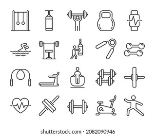 Training equipment icon. Gym and fitness line icons set. Editable Stroke.