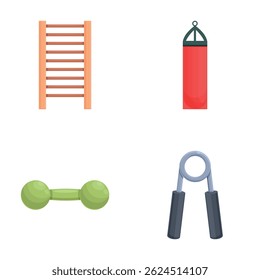 Training equipment icons set cartoon vector. Various sport activity equipment. Healthy lifestyle