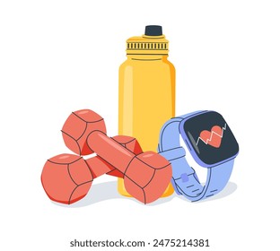 Training equipment. Time to fitness. Workouts for Beginners Healthy Body Training Concept Background Cartoon Style. Vector illustration of Fitness Bracelet, Dumbbell and Water Bottle icon