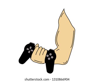 Training for e-sport, concept. Muscular arm lifting video games controller as if it were a weight. Vector or illustration.