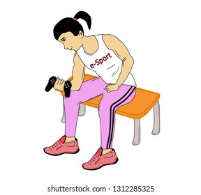 Training for e-sport, concept. Muscular woman in sport clothes lifting video games controller as if it were a weight. Vector or illustration.