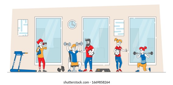 Training Exercises with Professional Trainer. People Doing Fitness in Gym with Coach Help. Characters Workout with Weight. Sport Activity, Healthy Life. Cartoon Flat Vector Illustration, Line Art