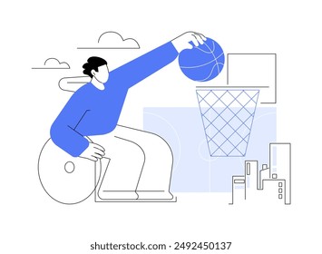 Instalaciones de entrenamiento aisladas Ilustraciones vectoriales de dibujos animados. Hombre discapacitado lanza la pelota en la canasta, personas discapacitadas actividad al aire libre, entrenamiento de baloncesto, entorno sin barreras Vector de dibujos animados.