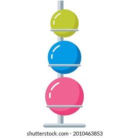Training fitness ball rack stand cartoon. Isolated vector fitball row for yoga and pilates gym exercise on white background. Rubber inflatable sports equipment