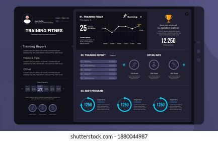 Training fitness program on dashboard panel user interface with dark mode concept