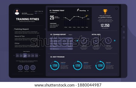 Training fitness program on dashboard panel user interface with dark mode concept