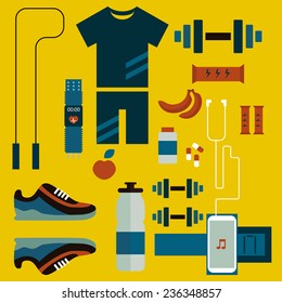 Training fitness set icons in flat style for runner. Vector sport illustration. Plan for marathoner.