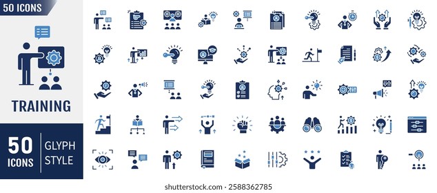 Training flat icon set. Containing as learning, development, workshop, coach, mentor and more. Vector illustration.