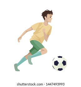 Training or football game. The player catches the ball, kicks the ball. Sport competitions. Vector cartoon flat illustration on white background