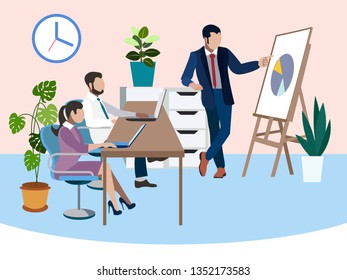 Training future employees. Office work, report. In minimalist style. Flat isometric vector illustration