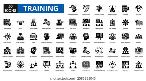 Training glyph icon collection set. Includes teaching, practice, planning, improvement, preparation, treatment, instruction, development, exercise, briefing, education