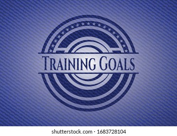 Training Goals emblem with jean high quality background. Vector Illustration. Detailed.