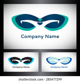 Training goggles or swimming goggles with swimmer. Logo template, t-shirt print, symbol, icon, emblem. Vector set