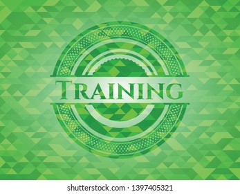 Training green emblem with triangle mosaic background. Vector Illustration. Detailed.