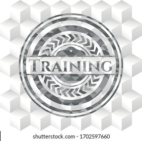 Training grey badge with geometric cube white background. 
